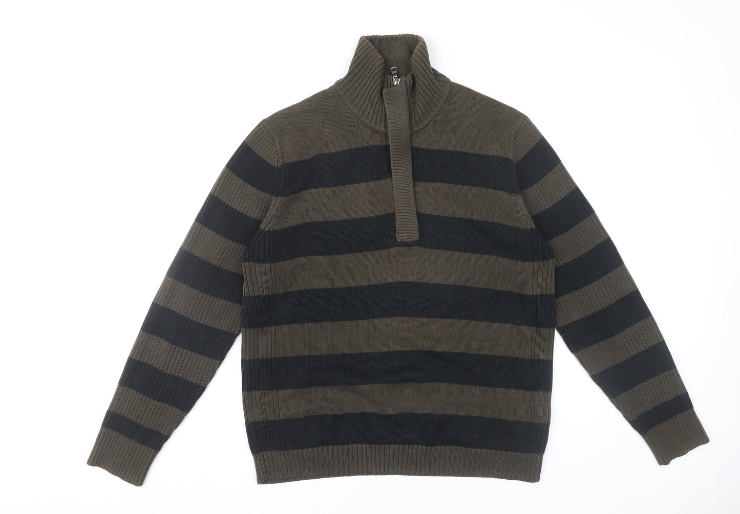 Mexx Men’s Green Black Striped Cotton Jumper M 1/4 Zip High Neck