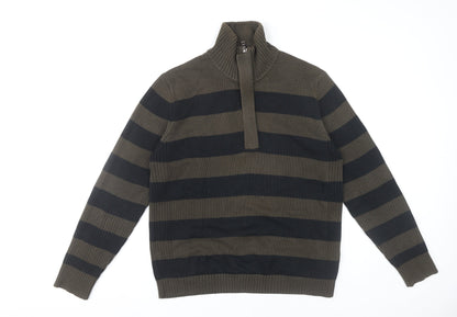 Mexx Men’s Green Black Striped Cotton Jumper M 1/4 Zip High Neck