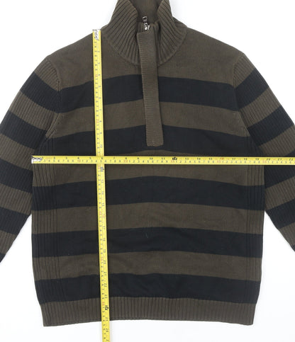 Mexx Men’s Green Black Striped Cotton Jumper M 1/4 Zip High Neck