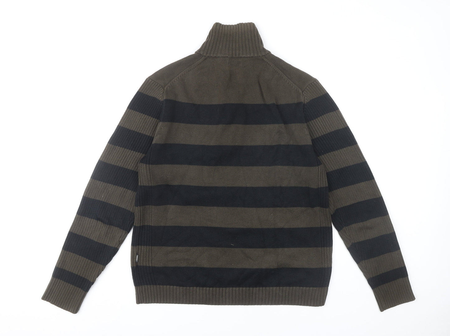 Mexx Men’s Green Black Striped Cotton Jumper M 1/4 Zip High Neck