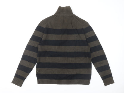 Mexx Men’s Green Black Striped Cotton Jumper M 1/4 Zip High Neck