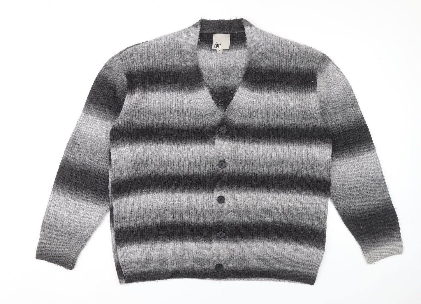 Next Men’s Grey Striped Cardigan Jumper L V-Neck Long Sleeve Knit