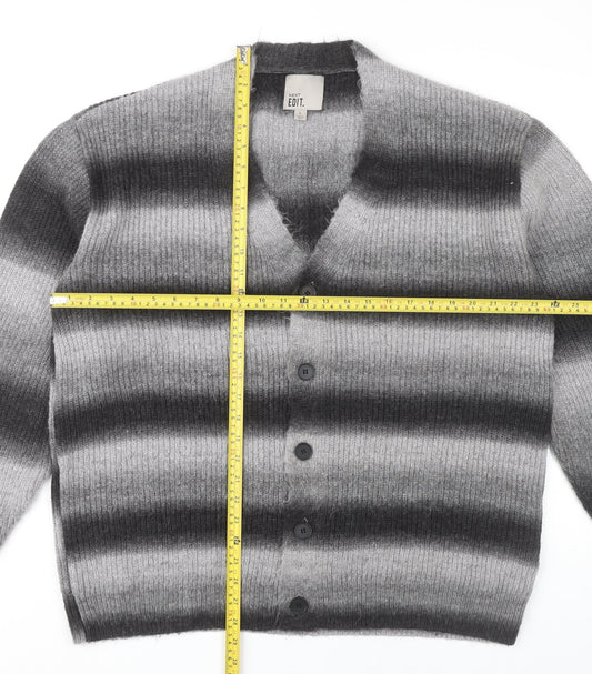 Next Men’s Grey Striped Cardigan Jumper L V-Neck Long Sleeve Knit