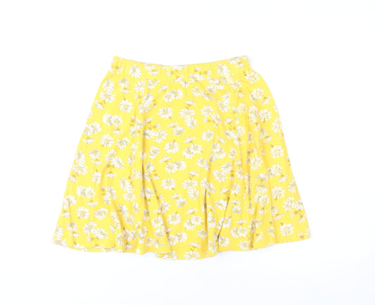 New Look Womens Yellow Floral A-Line Skirt UK 10 Knee Length Cotton