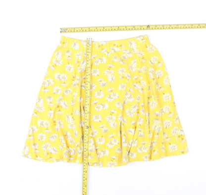 New Look Womens Yellow Floral A-Line Skirt UK 10 Knee Length Cotton