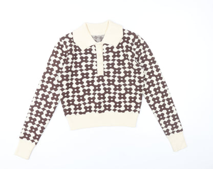 Cider Womens Brown Collared Floral Knit Pullover Jumper XS