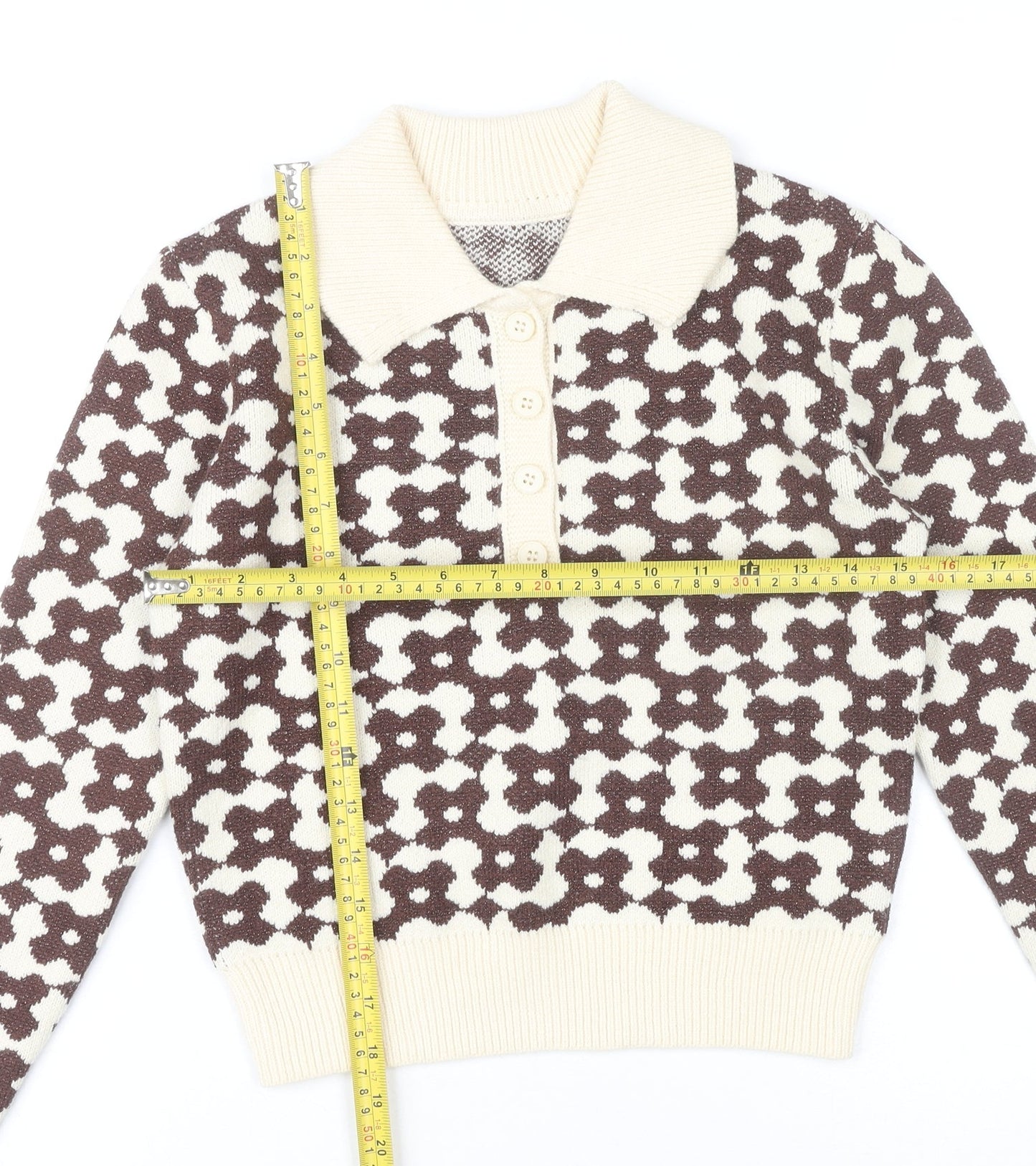 Cider Womens Brown Collared Floral Knit Pullover Jumper XS