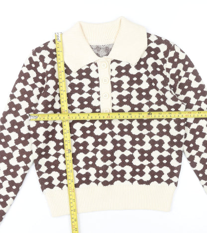 Cider Womens Brown Collared Floral Knit Pullover Jumper XS