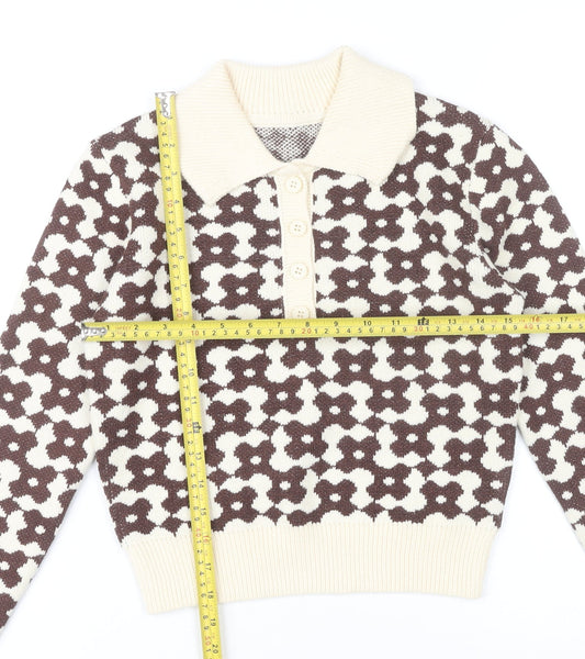 Cider Womens Brown Collared Floral Knit Pullover Jumper XS