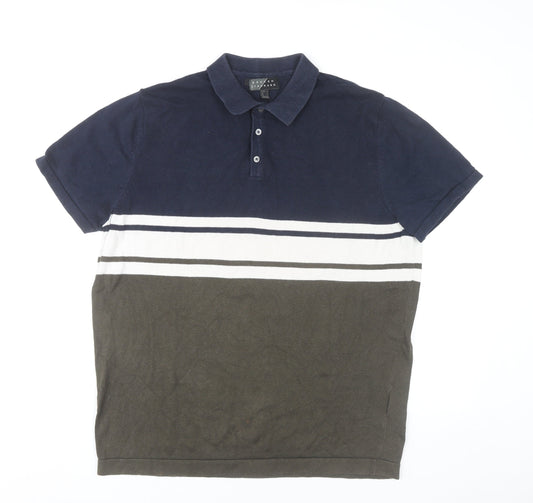 Broken Standard Men’s Brown Blue Striped Cotton Polo Shirt L