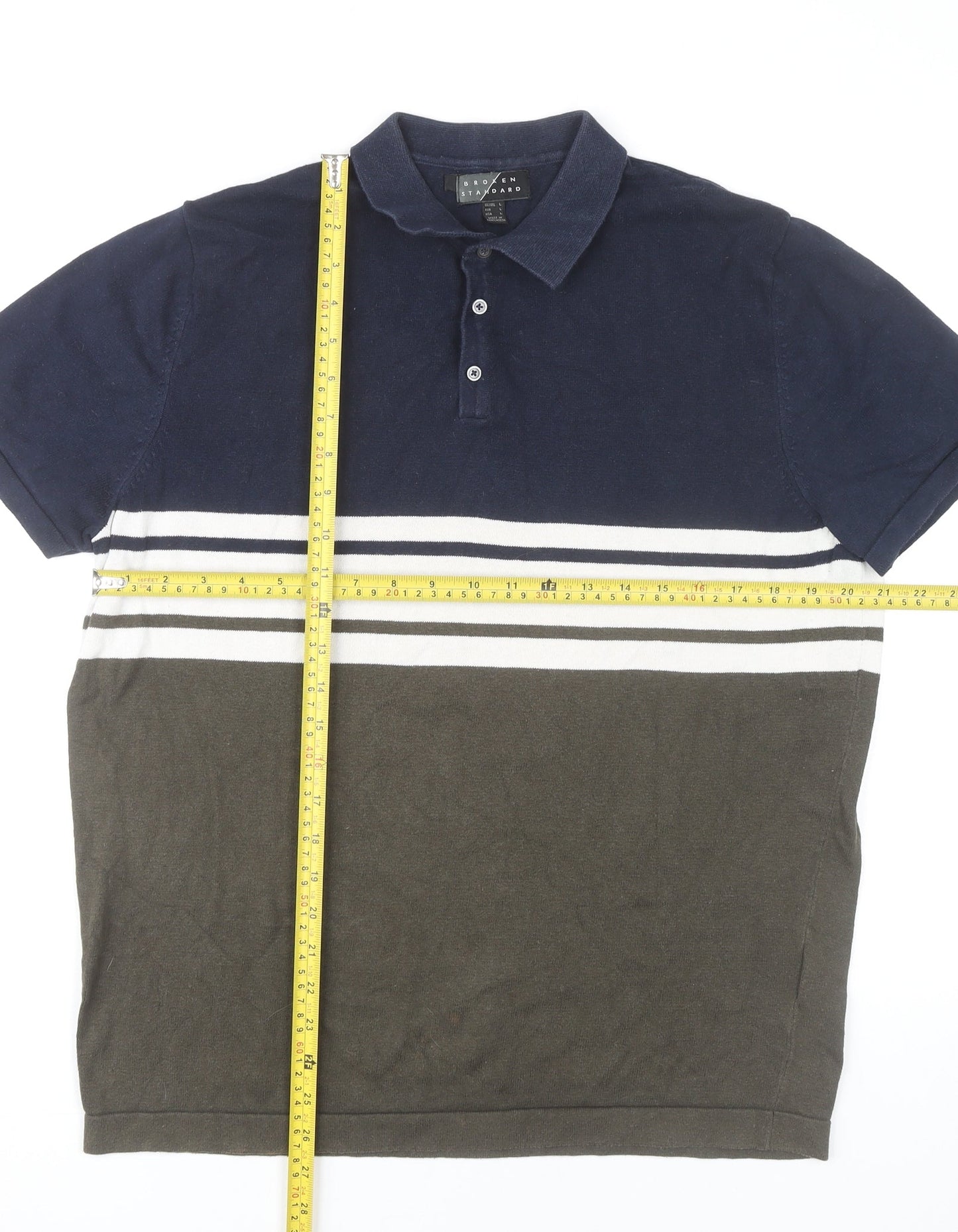Broken Standard Men’s Brown Blue Striped Cotton Polo Shirt L
