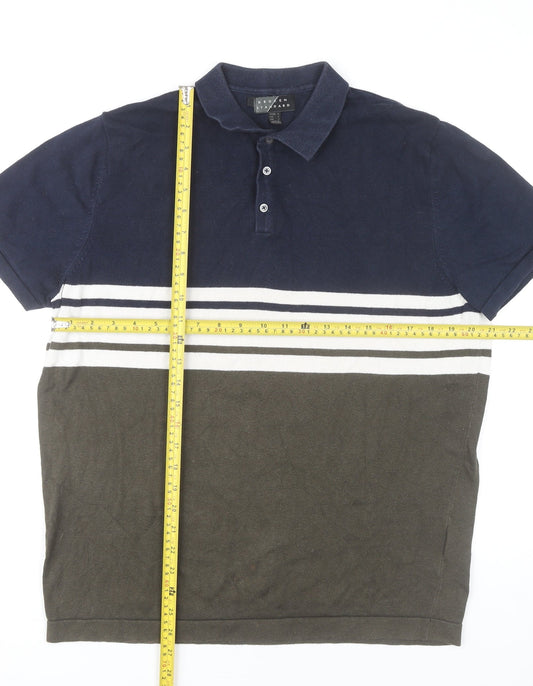 Broken Standard Men’s Brown Blue Striped Cotton Polo Shirt L