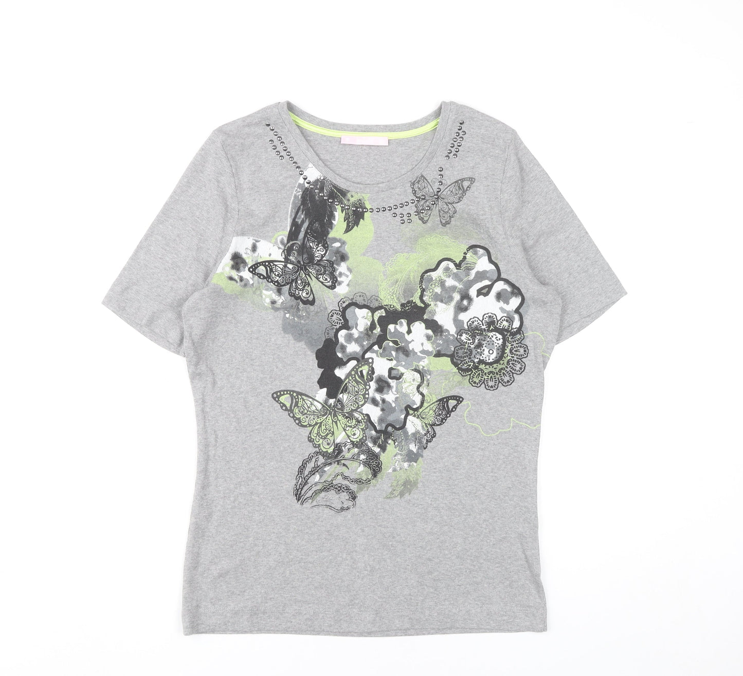 Basler Womens Grey T-Shirt Size 16 Floral Butterfly Studded Top