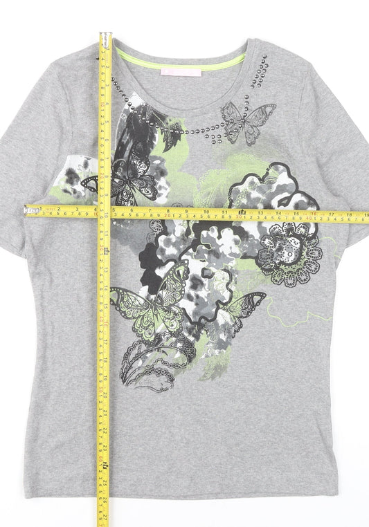 Basler Womens Grey T-Shirt Size 16 Floral Butterfly Studded Top