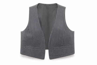 Topshop Women Grey Striped Vest Waistcoat Size 12 Workwear Cotton