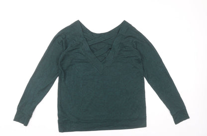 &et Womens Green Long Sleeve V-Neck Strap Detail Blouse Size 12