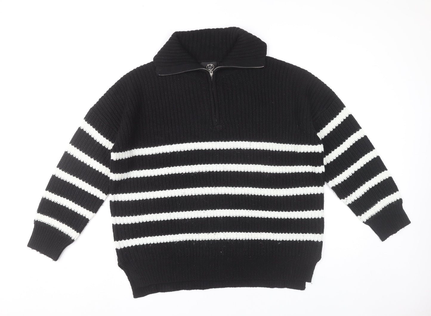 AX Paris Womens Black White Striped Collared Half Zip Chunky Knit Jumper M