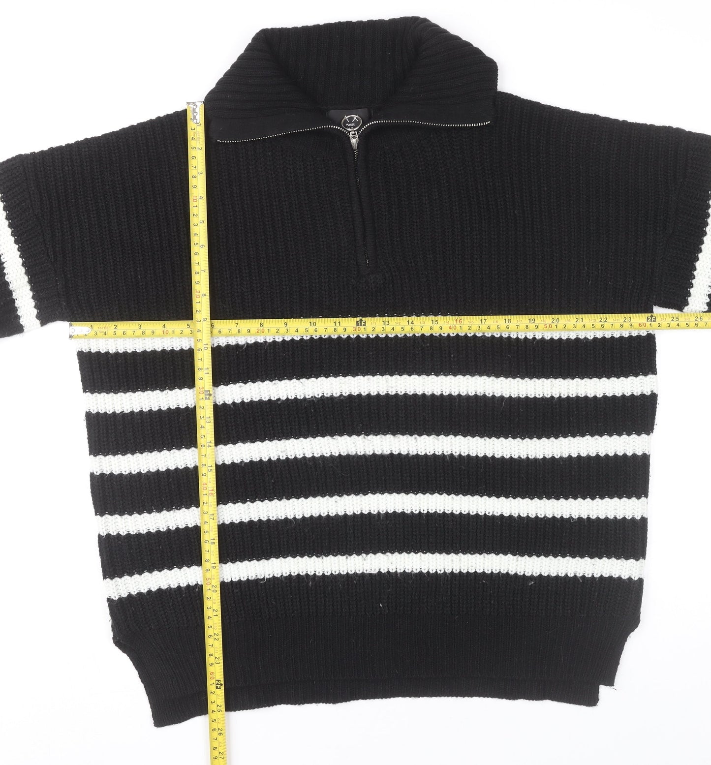 AX Paris Womens Black White Striped Collared Half Zip Chunky Knit Jumper M