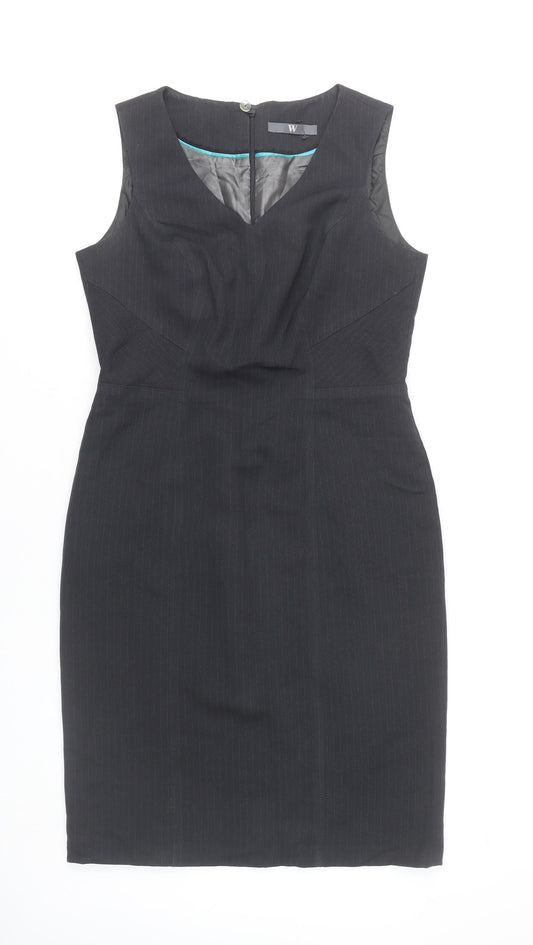 BHS Women’s Grey Pinstripe Sheath Dress Size 12 Sleeveless V-Neck
