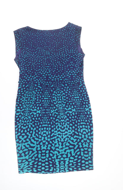 Coast Women Blue Animal Print Sheath Dress Size 14 Sleeveless V-Neck