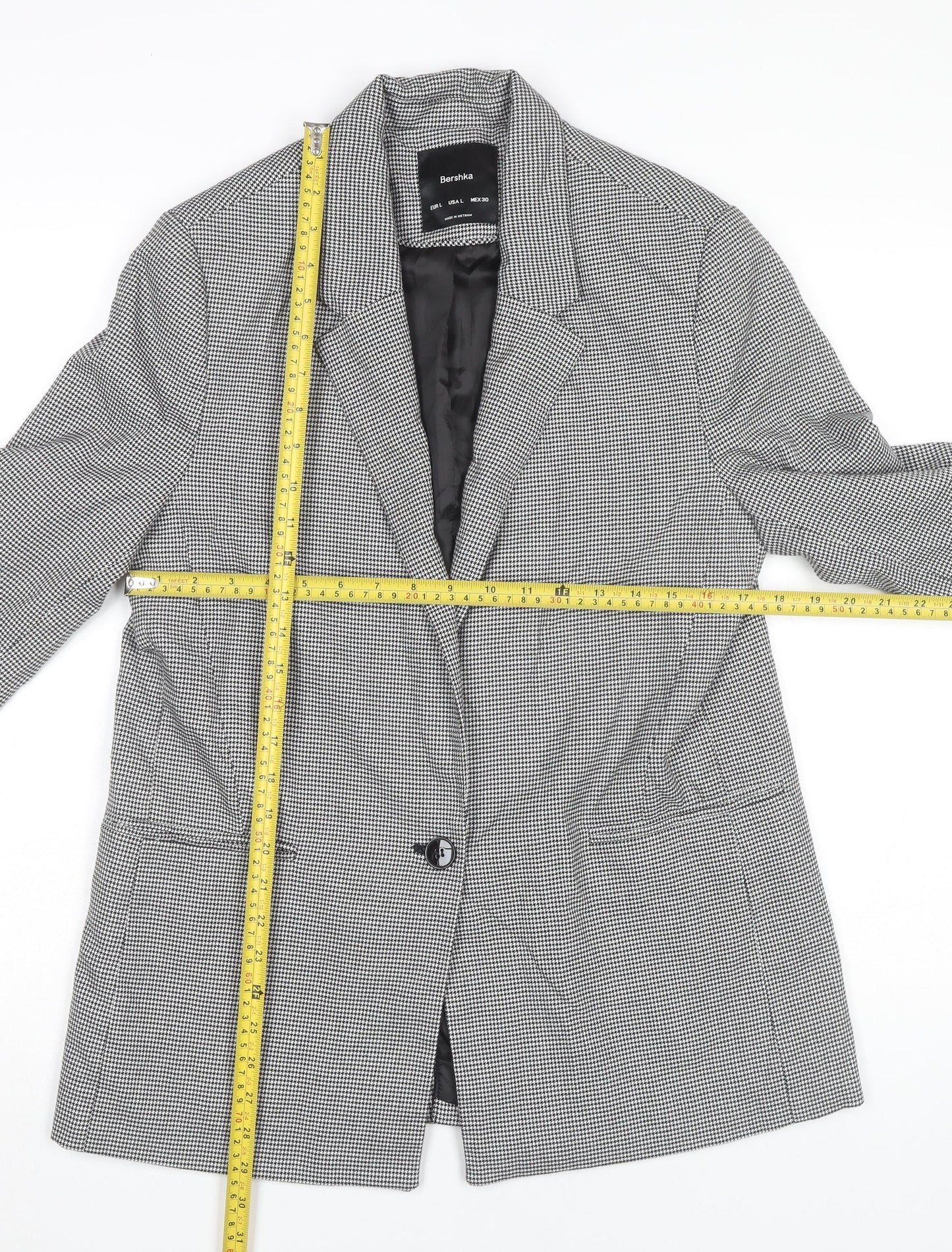 Bershka Women Black Houndstooth Blazer L Regular Fit Tailored Jacket