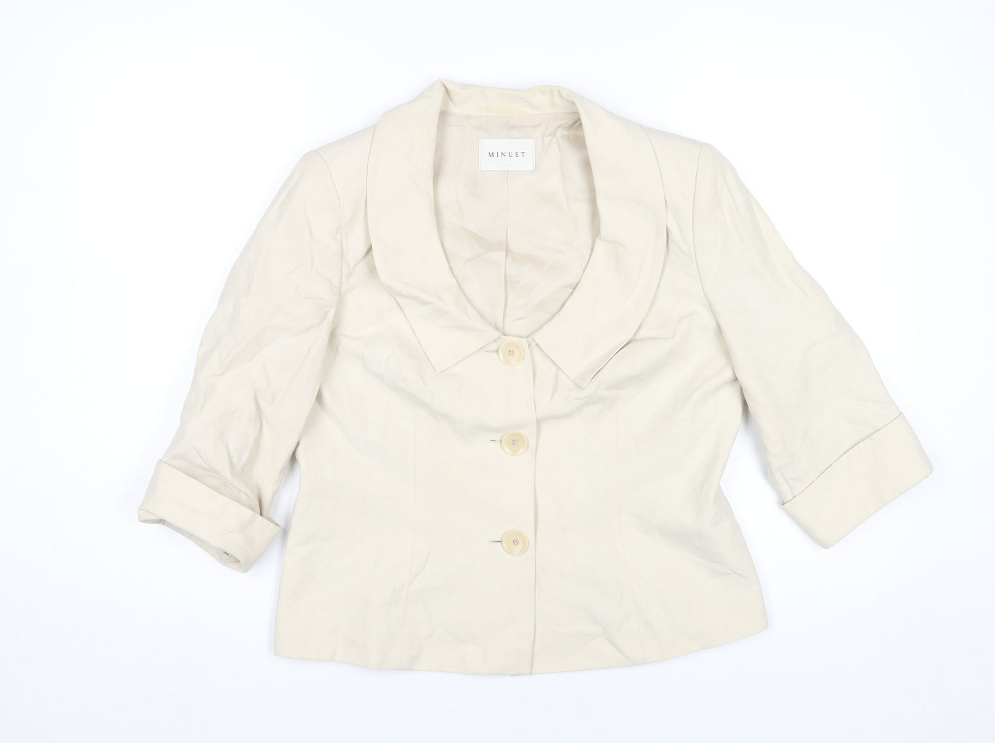 Minuet Women Beige Blazer Jacket UK 12 Silk Linen 3/4 Sleeve
