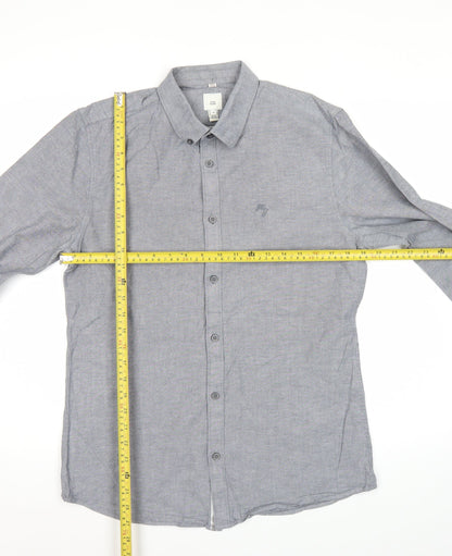 River Island Men's Grey Regular Fit Long Sleeve Oxford Cotton Shirt M