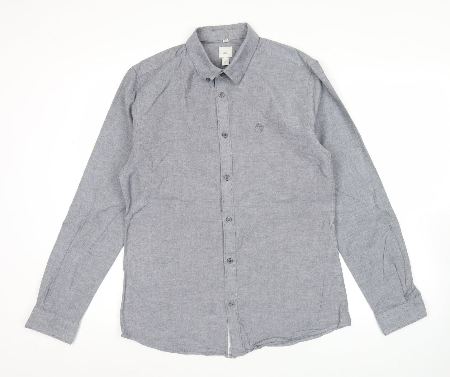River Island Men's Grey Regular Fit Long Sleeve Oxford Cotton Shirt M