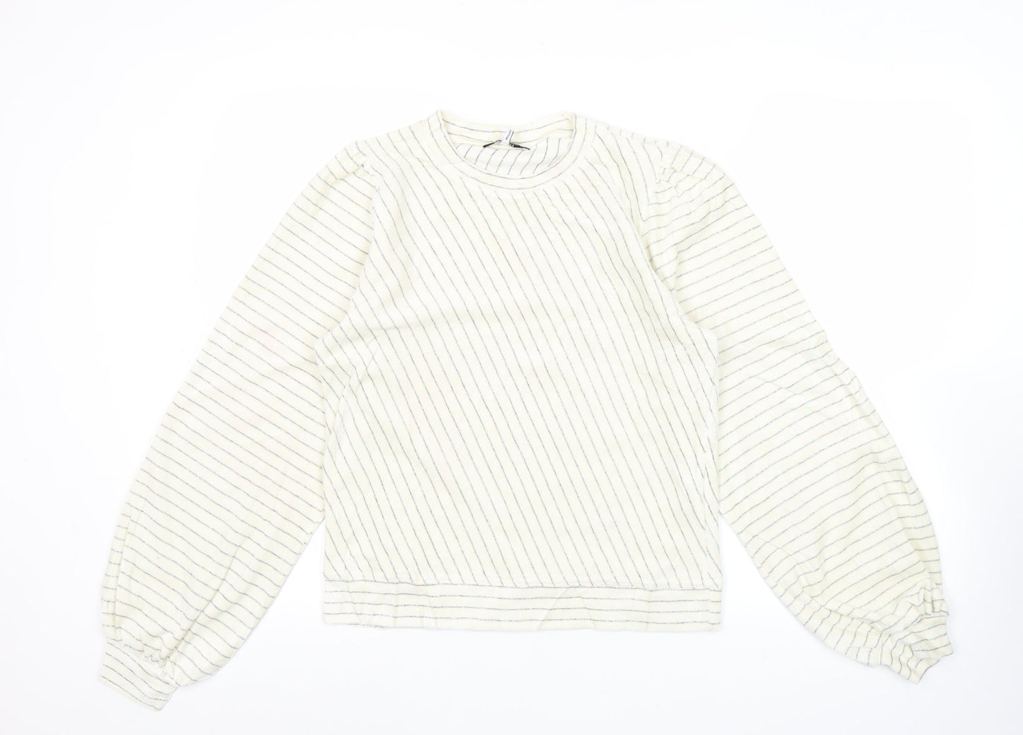 Ganni Women White Striped Pullover Jumper Size S Crew Neck Puff Sleeve