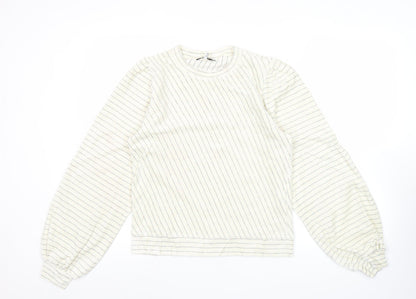Ganni Women White Striped Pullover Jumper Size S Crew Neck Puff Sleeve