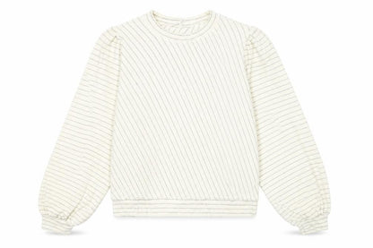 Ganni Women White Striped Pullover Jumper Size S Crew Neck Puff Sleeve