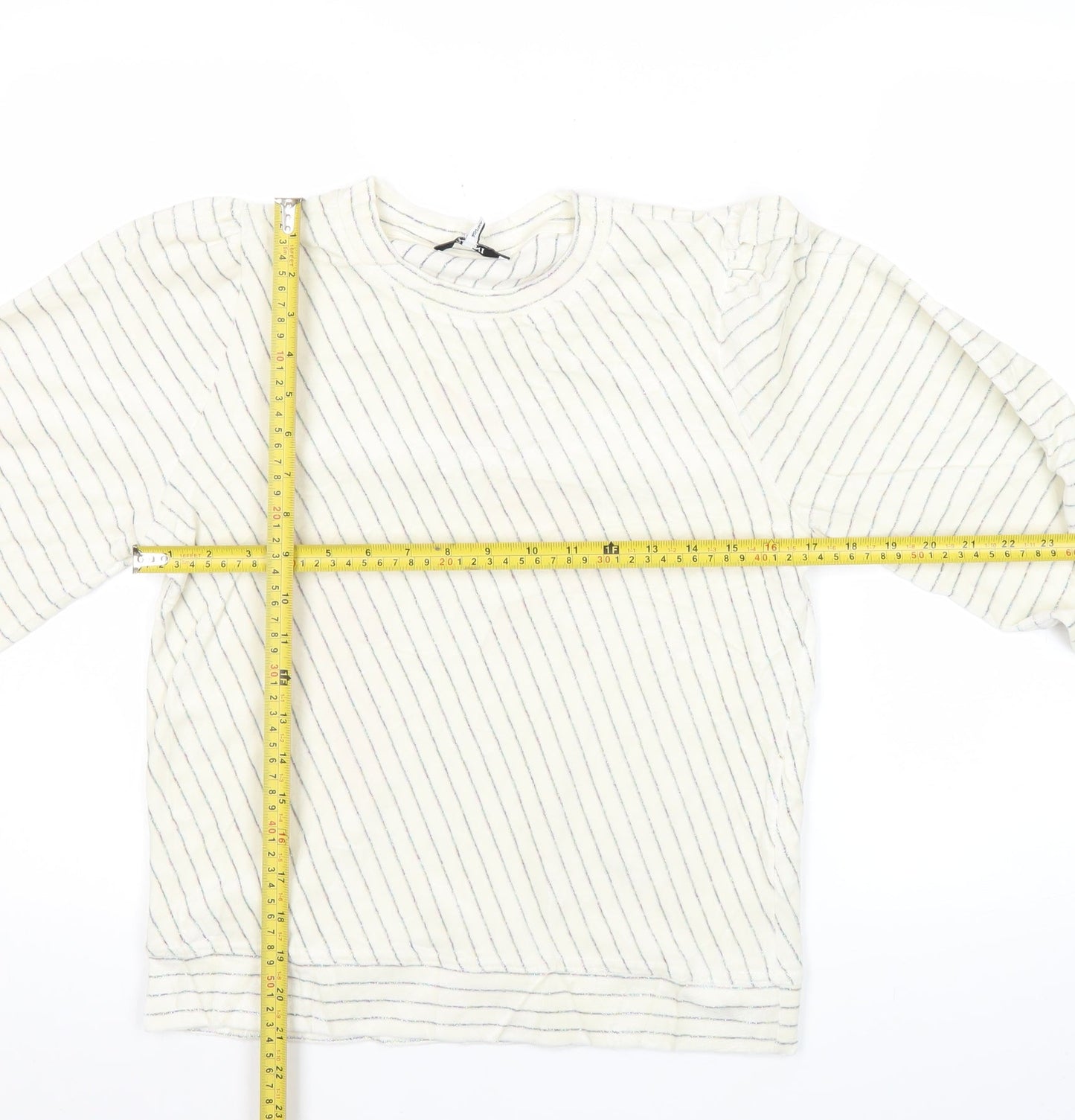 Ganni Women White Striped Pullover Jumper Size S Crew Neck Puff Sleeve