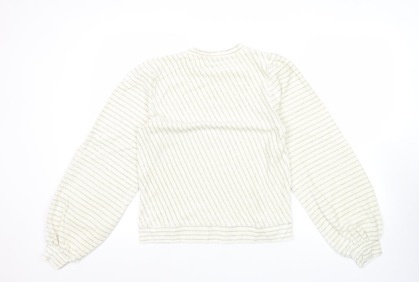 Ganni Women White Striped Pullover Jumper Size S Crew Neck Puff Sleeve