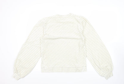 Ganni Women White Striped Pullover Jumper Size S Crew Neck Puff Sleeve