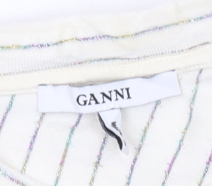 Ganni Women White Striped Pullover Jumper Size S Crew Neck Puff Sleeve
