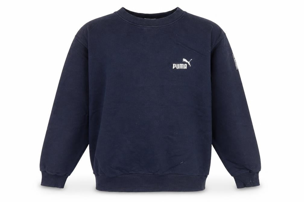 Front view of Puma boys’ blue crew neck logo pullover sweatshirt lb 11-12 years