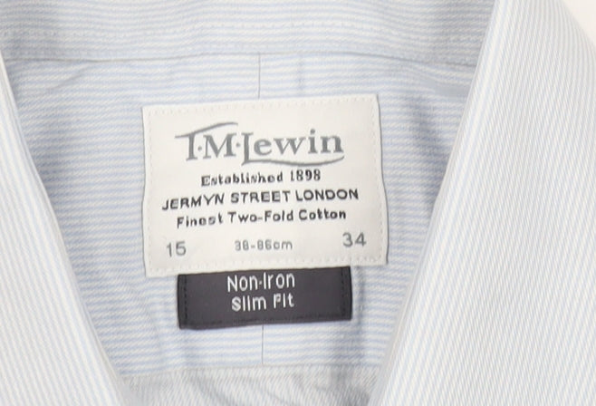 T.M. Lewin Mens Blue Slim Fit Striped Cotton Long Sleeve Shirt 15