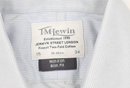 T.M. Lewin Mens Blue Slim Fit Striped Cotton Long Sleeve Shirt 15