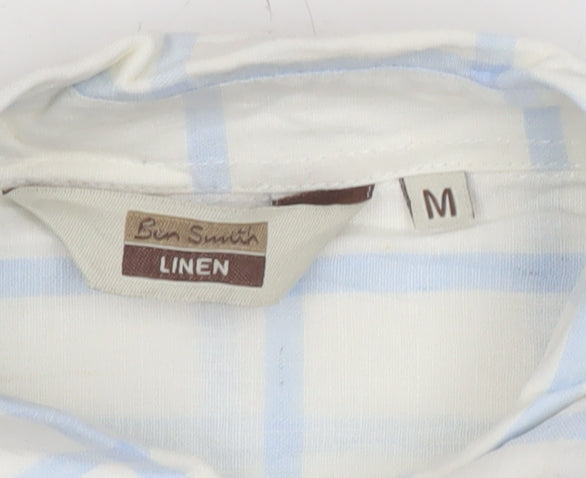 Ben Smith Men’s White Linen Cotton Short Sleeve Check Shirt M