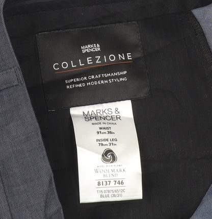 Marks and Spencer Men’s Blue Wool Blend Pleated Dress Pants 36W 31L