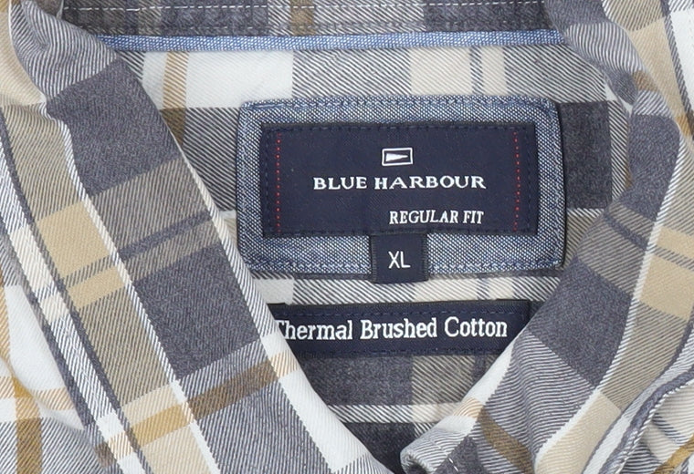 Marks and Spencer Men’s Grey Plaid XL Flannel Cotton Button-Up Shirt