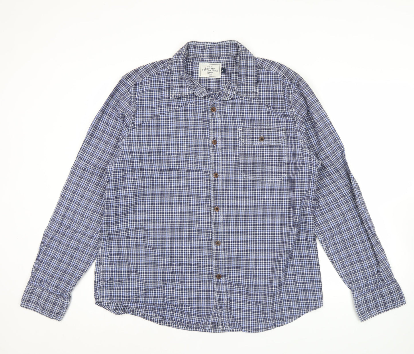 John Lewis Men’s Blue Check Cotton Twill Shirt L Long Sleeve Casual