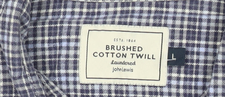 John Lewis Men’s Blue Check Cotton Twill Shirt L Long Sleeve Casual