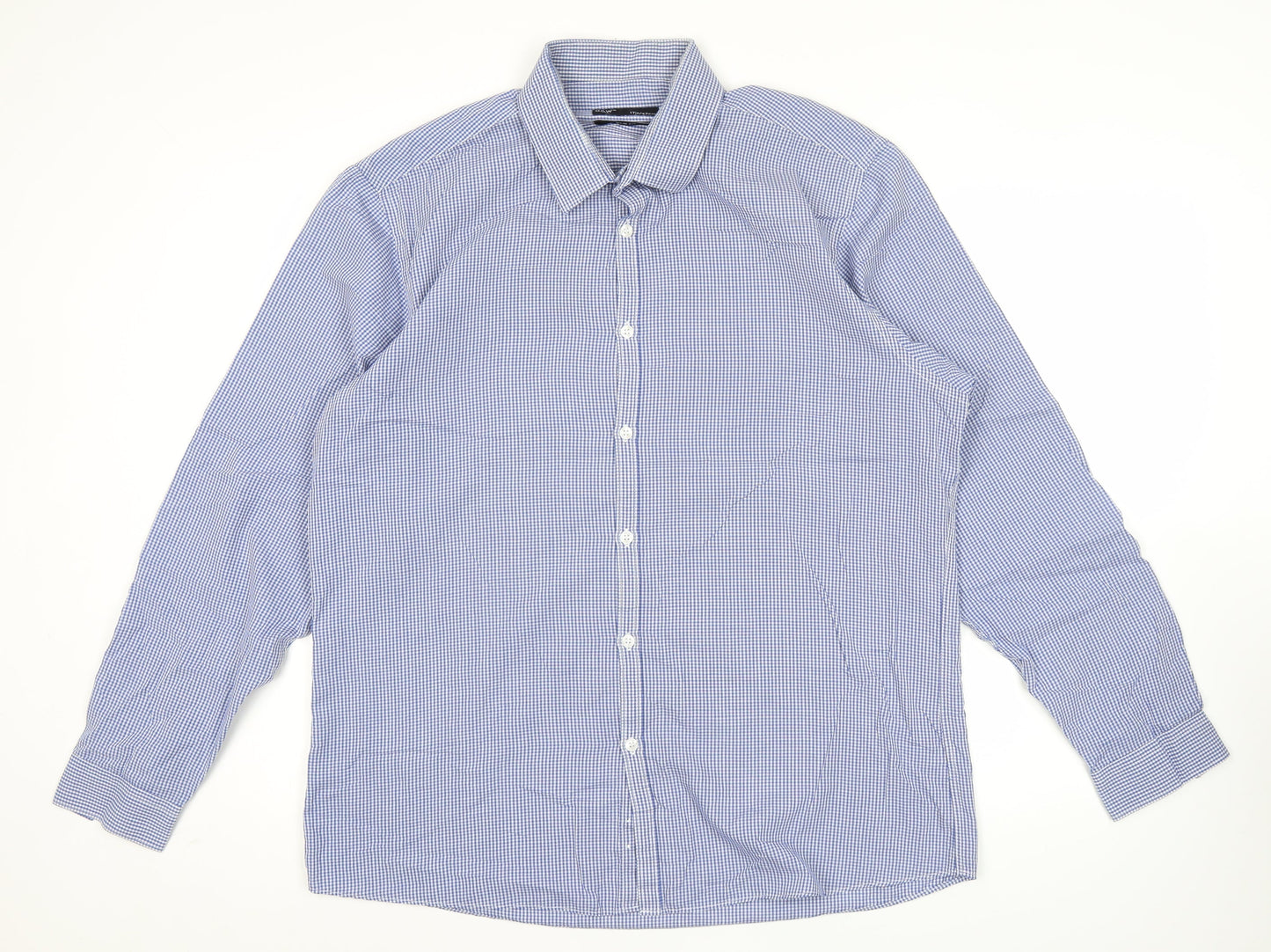B&W Mens Blue Slim Fit Check Button-Up Shirt 17in Long Sleeve