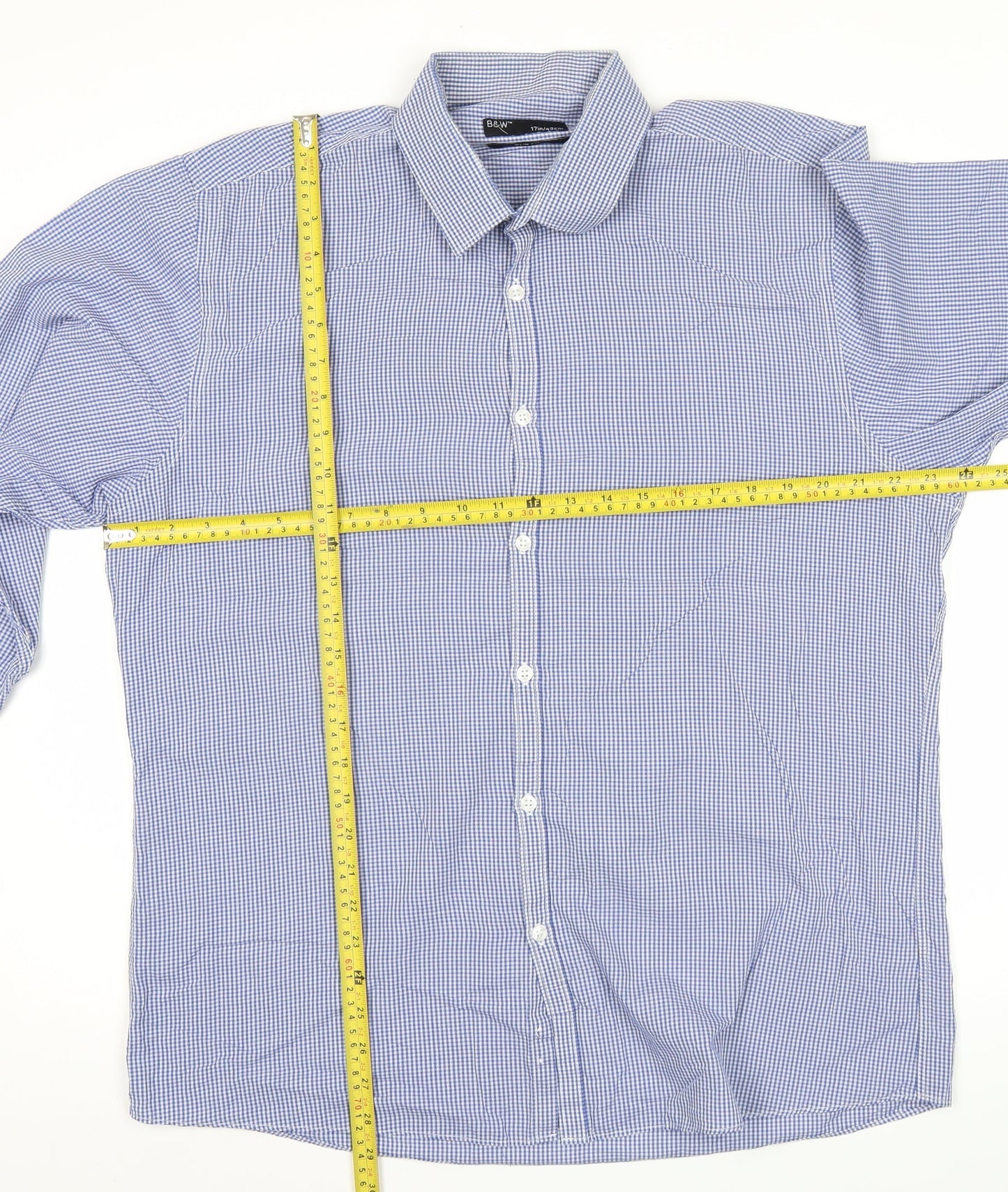 B&W Mens Blue Slim Fit Check Button-Up Shirt 17in Long Sleeve