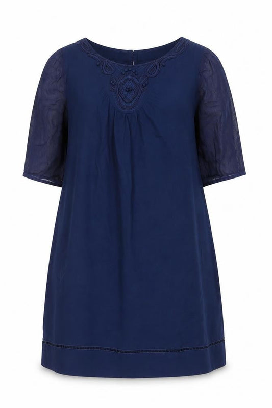 Front view of Kaliko Women’s Blue Shift Dress, size UK 18, Half Sleeve Embroidered