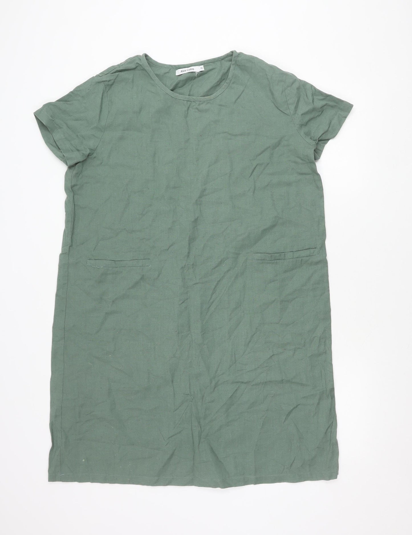 Alice Collins Womens Green Shift Dress Size 14 Linen Cotton Casual