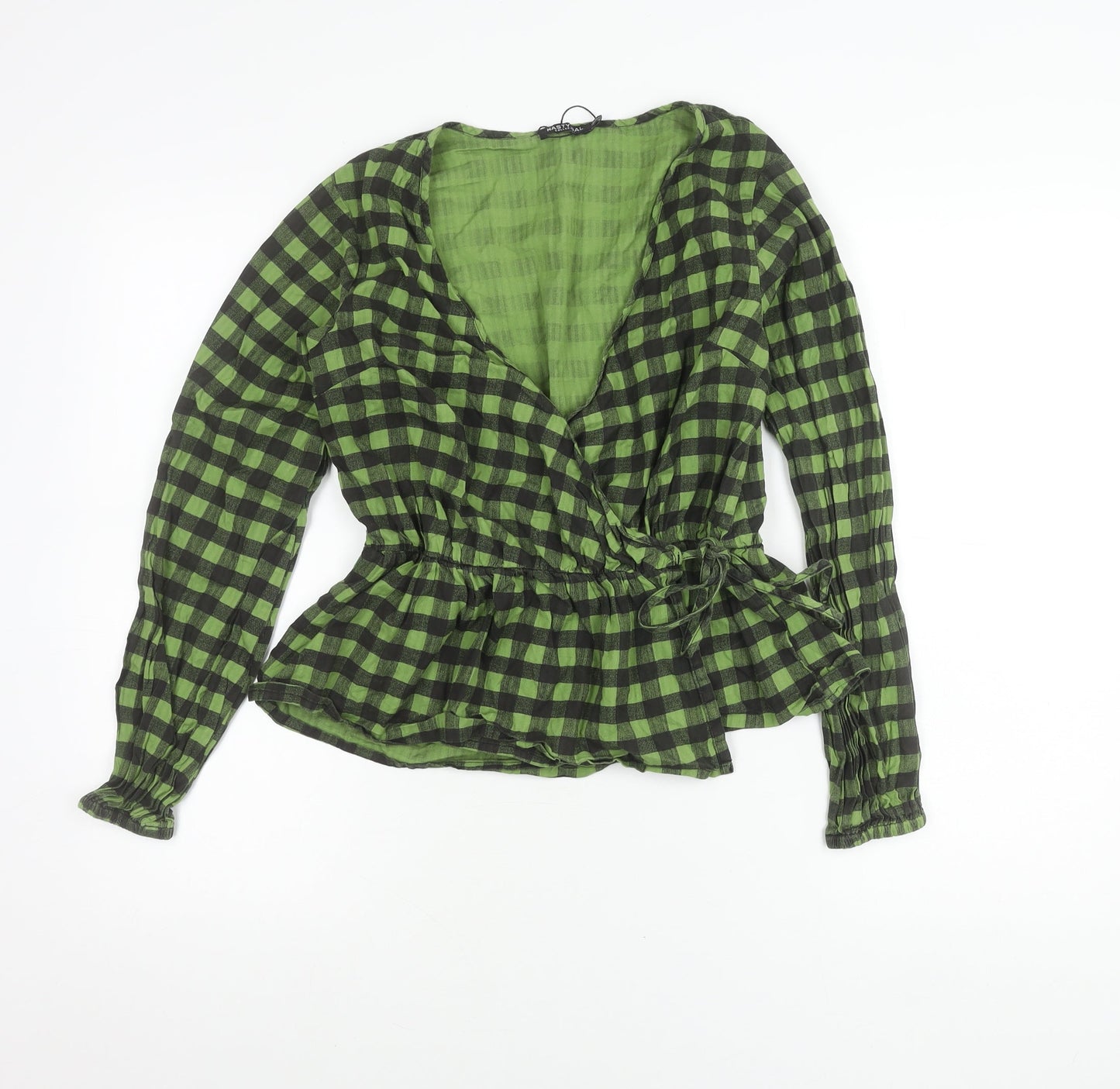 Nasty Gal Women’s Green Check Wrap Blouse Size 8 Long Sleeve