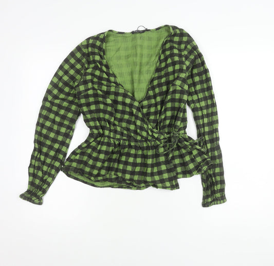 Nasty Gal Women’s Green Check Wrap Blouse Size 8 Long Sleeve