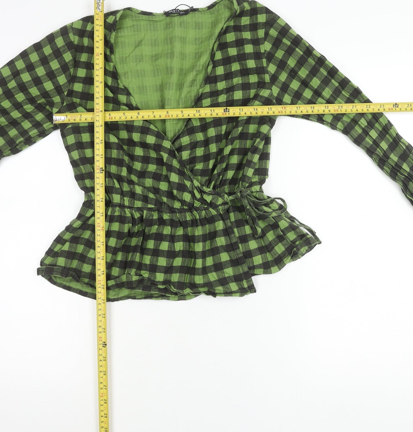 Nasty Gal Women’s Green Check Wrap Blouse Size 8 Long Sleeve